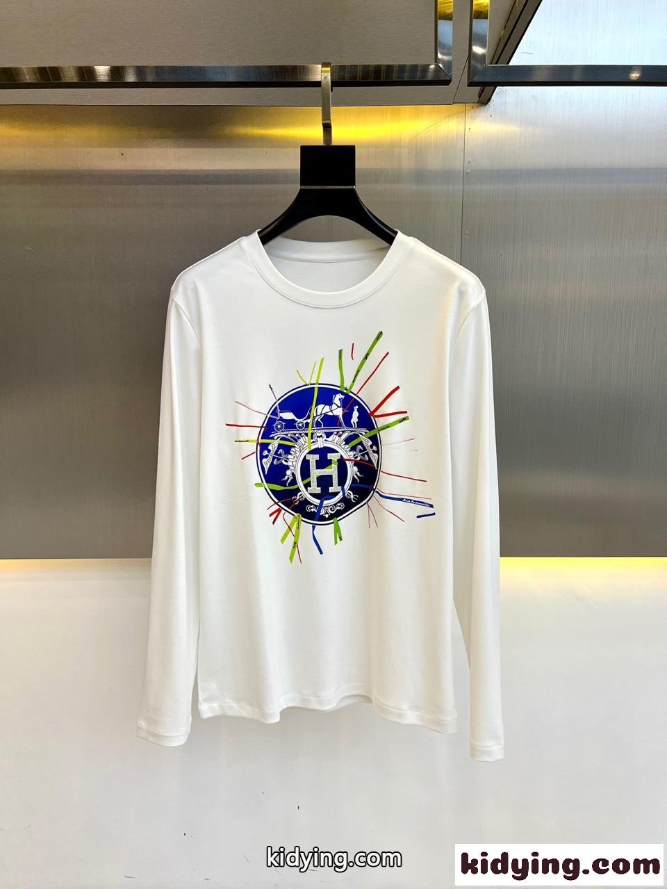 秋冬 裏起毛 プリント コットン 長袖Tシャツ エルメス Tシャツ コピー ホワイト-0