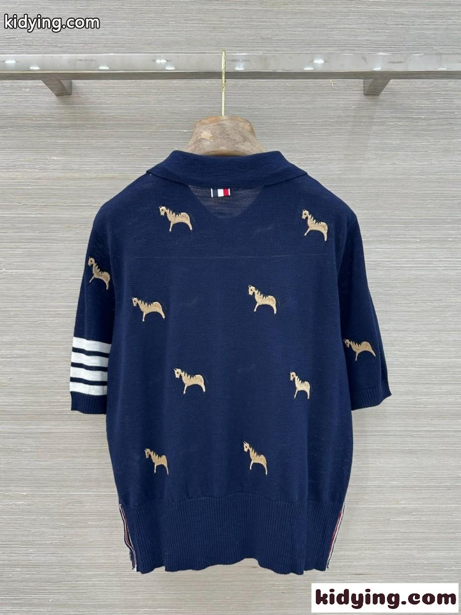 遊び心あふれる 刺繍入り 半袖ニット トムブラウン ニット コピー ネイビー-4