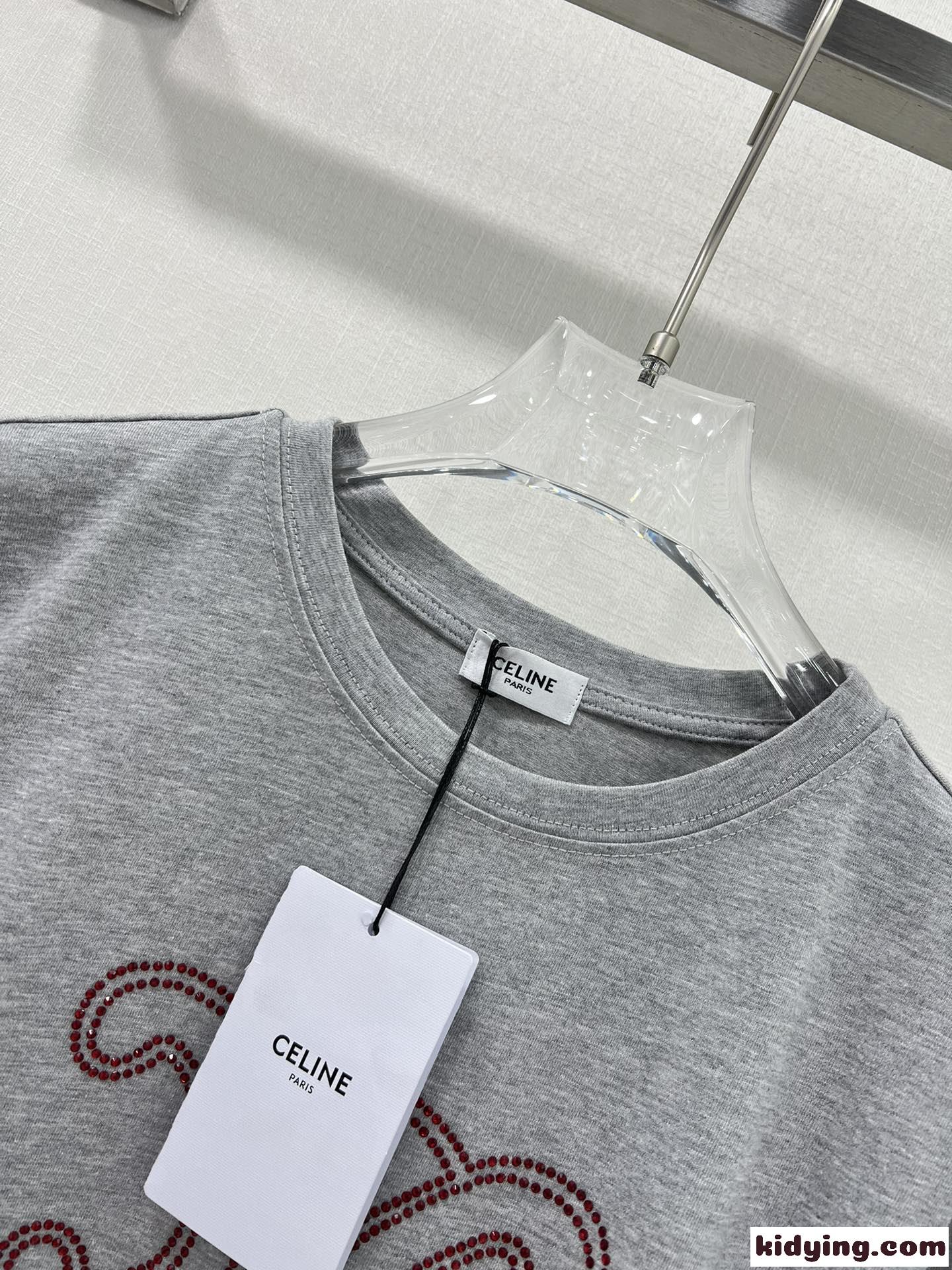 ラインストーン付き ロゴ 半袖Tシャツ セリーヌ Tシャツ コピー グレー-0