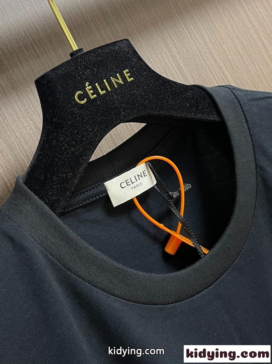 シンプル ロゴ刺繍 半袖Tシャツ セリーヌ Tシャツ 偽物 ユニセックス ブラック-3