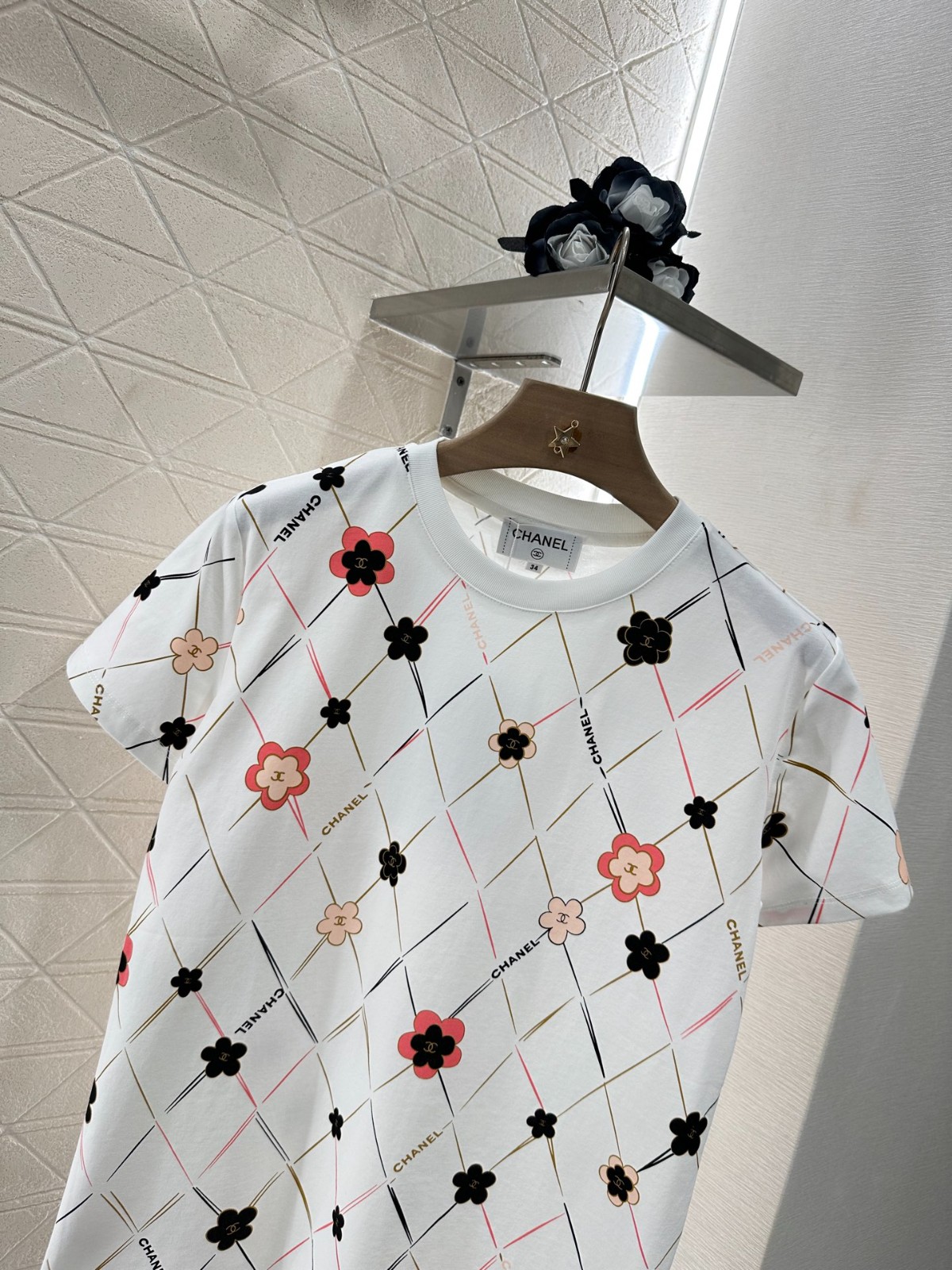 カジュアル プリント 総柄 半袖Tシャツ シャネル Tシャツ コピー コットン ホワイト-3