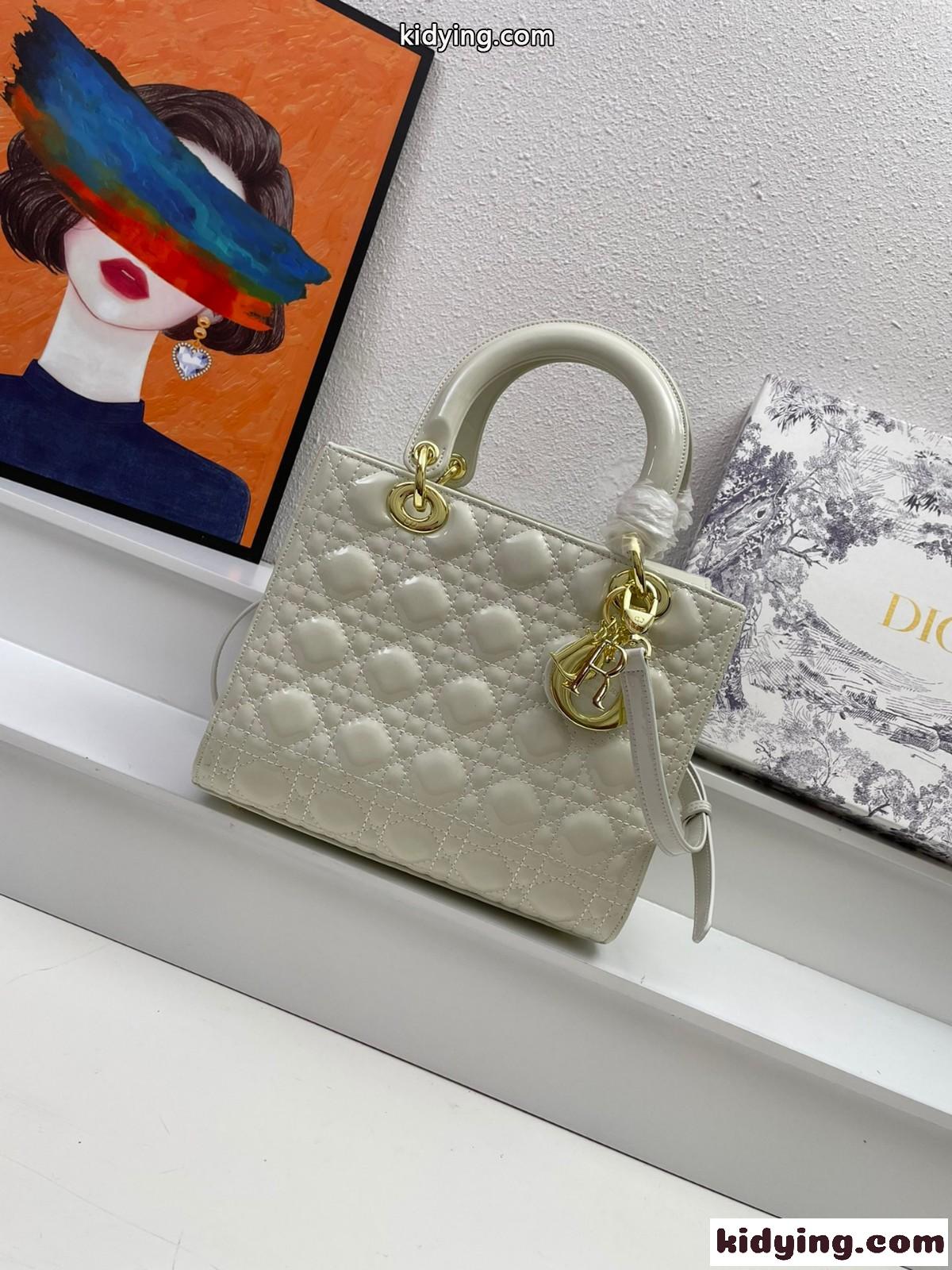 LADY DIOR パテントレザー ミディアムバッグ クリスチャン・ディオール バッグ コピー ハンドバッグ ホワイト-0
