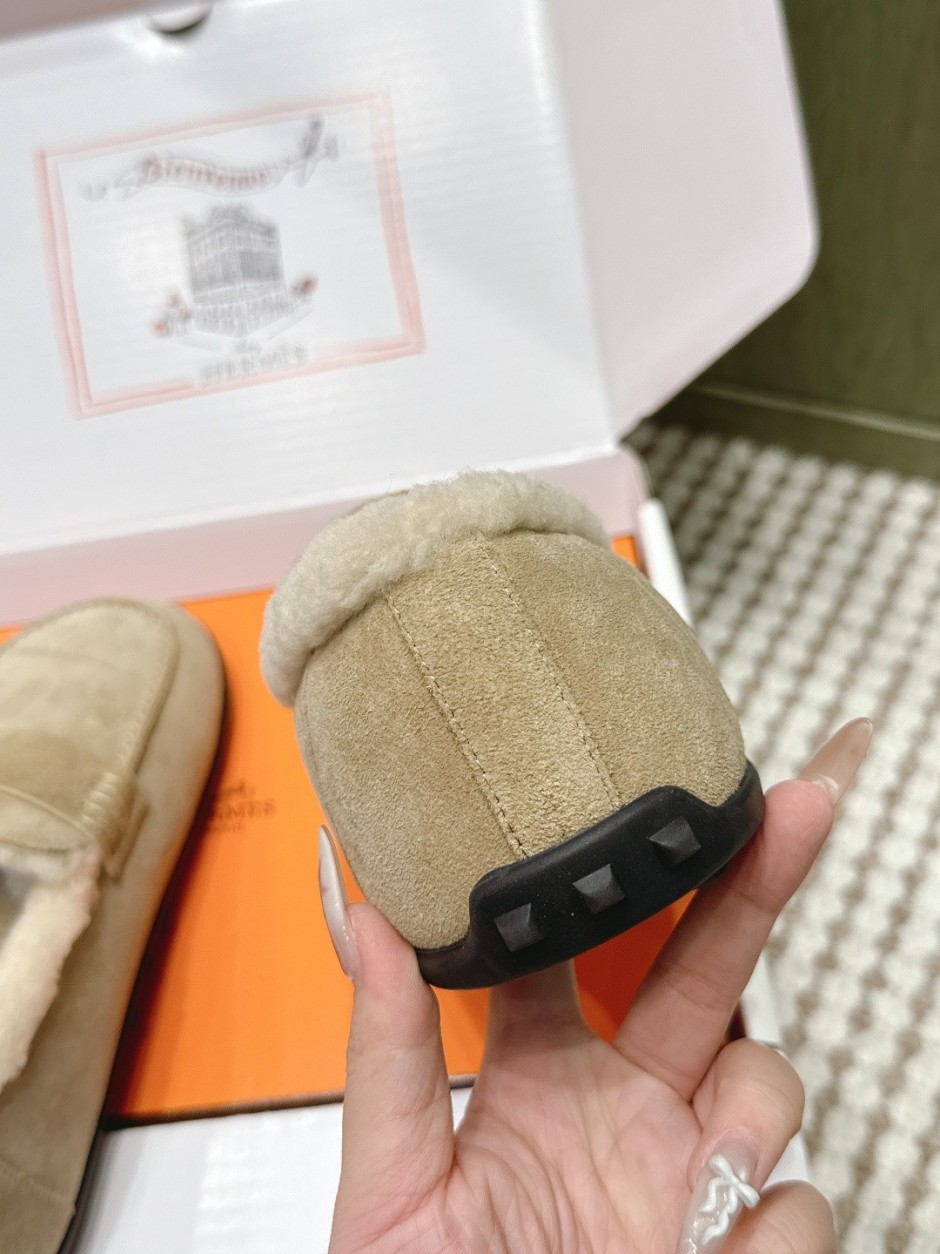 シンプル もこもこ スエードローファー エルメス シューズ コピー ベージュ-4