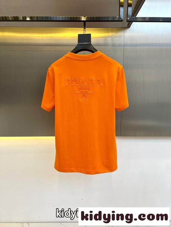 プラダ Tシャツ コピー カジュアル ロゴ入り クルーネック 半袖Tシャツ オレンジ-3