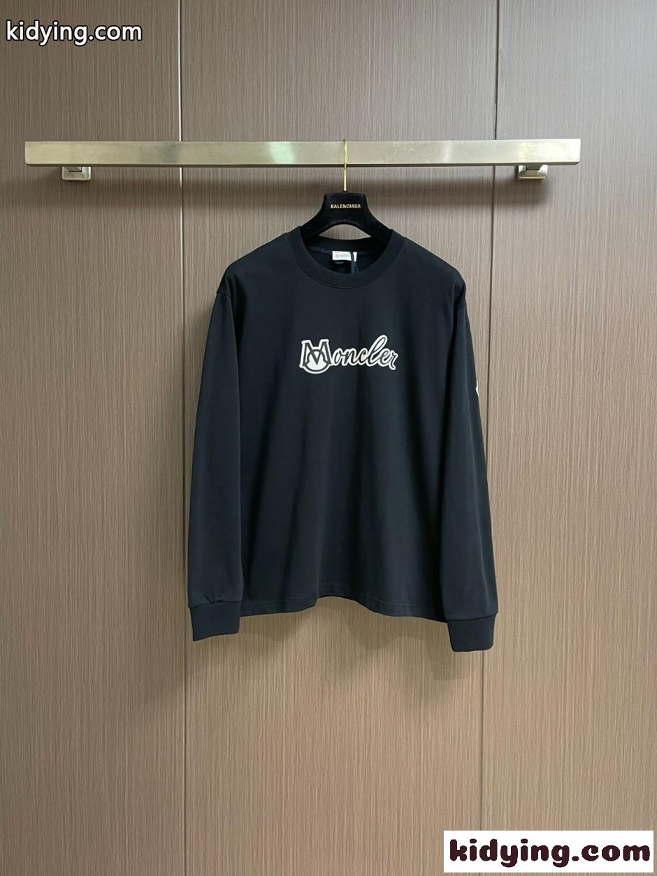 カジュアル ロゴ入り コットン 長袖Tシャツ モンクレール Tシャツ 偽物 ブラック-0