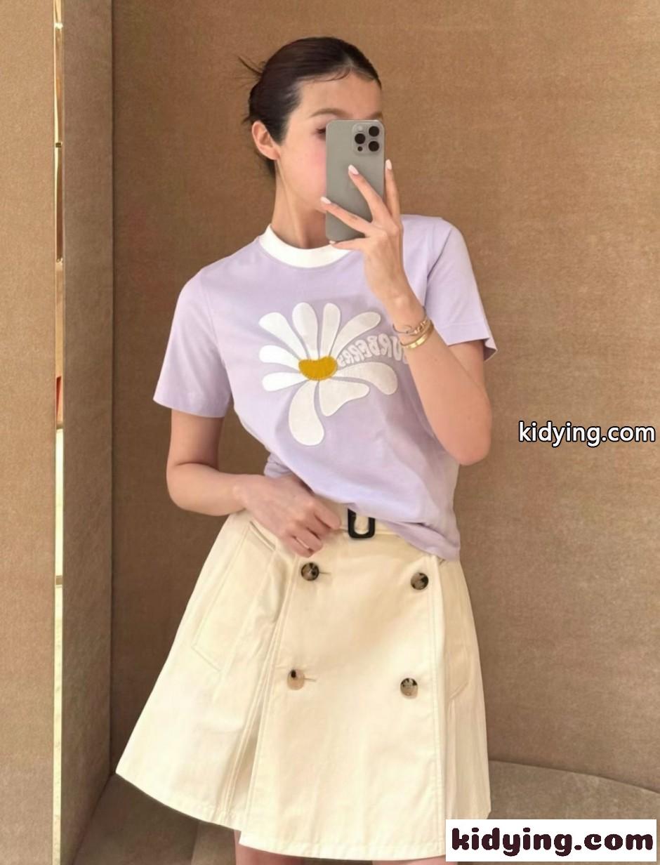 デイジー コットン 半袖Tシャツ バーバリー Tシャツ 偽物 ライトパープル-4