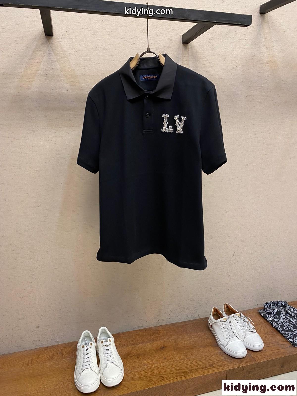 LVパッチ ポロシャツ ルイ・ヴィトン 半袖Tシャツ コピー ブラック-0