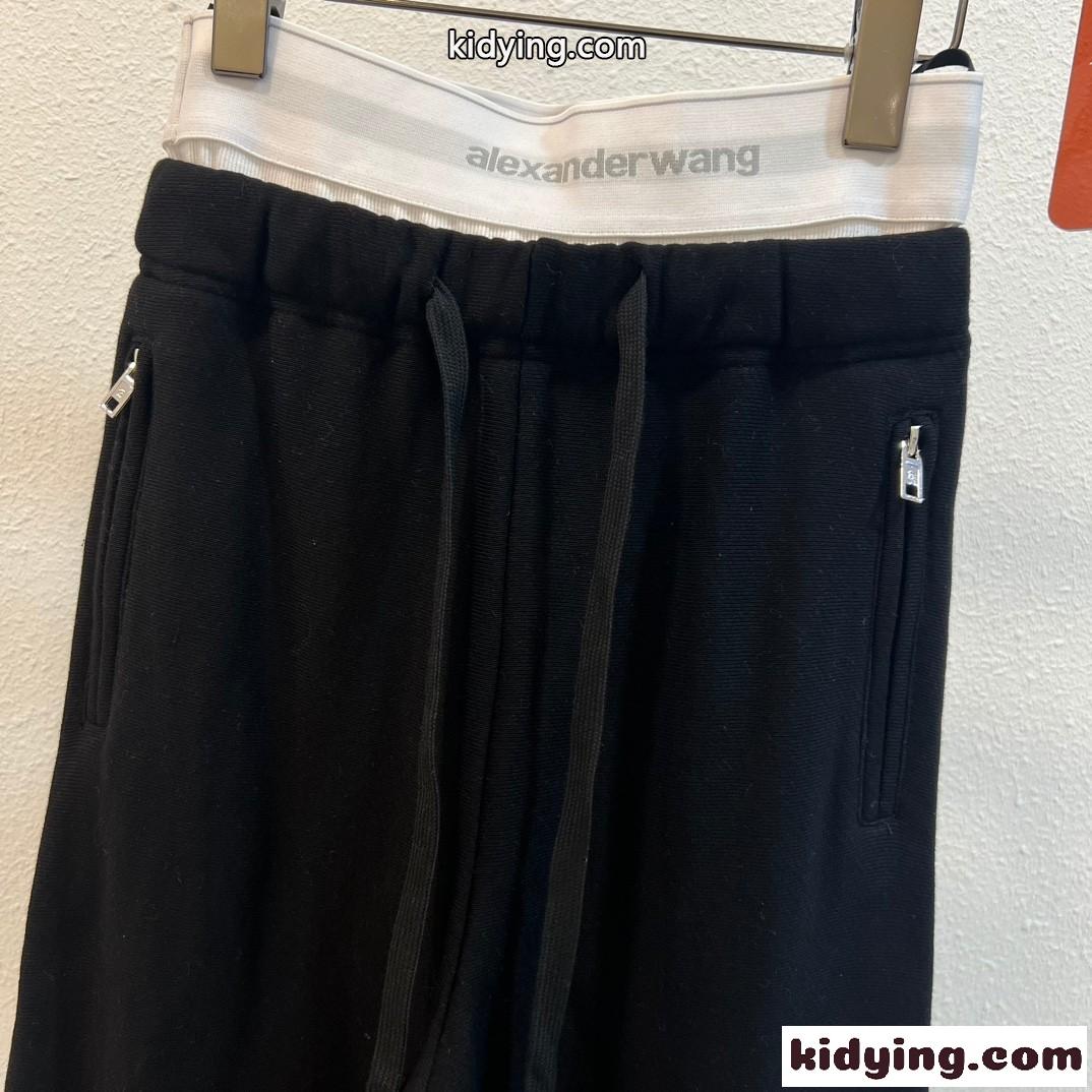 アレキサンダーワング ロゴブリーフウエストバンド付き ワイドレッグスウェットパンツ 偽物 ブラック-1