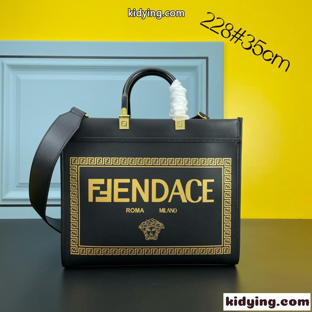 Fendace フェンディ バッグ 人気 コピー プリント ブラック レザー ロゴ レディース 2WAY トートバッグ-1