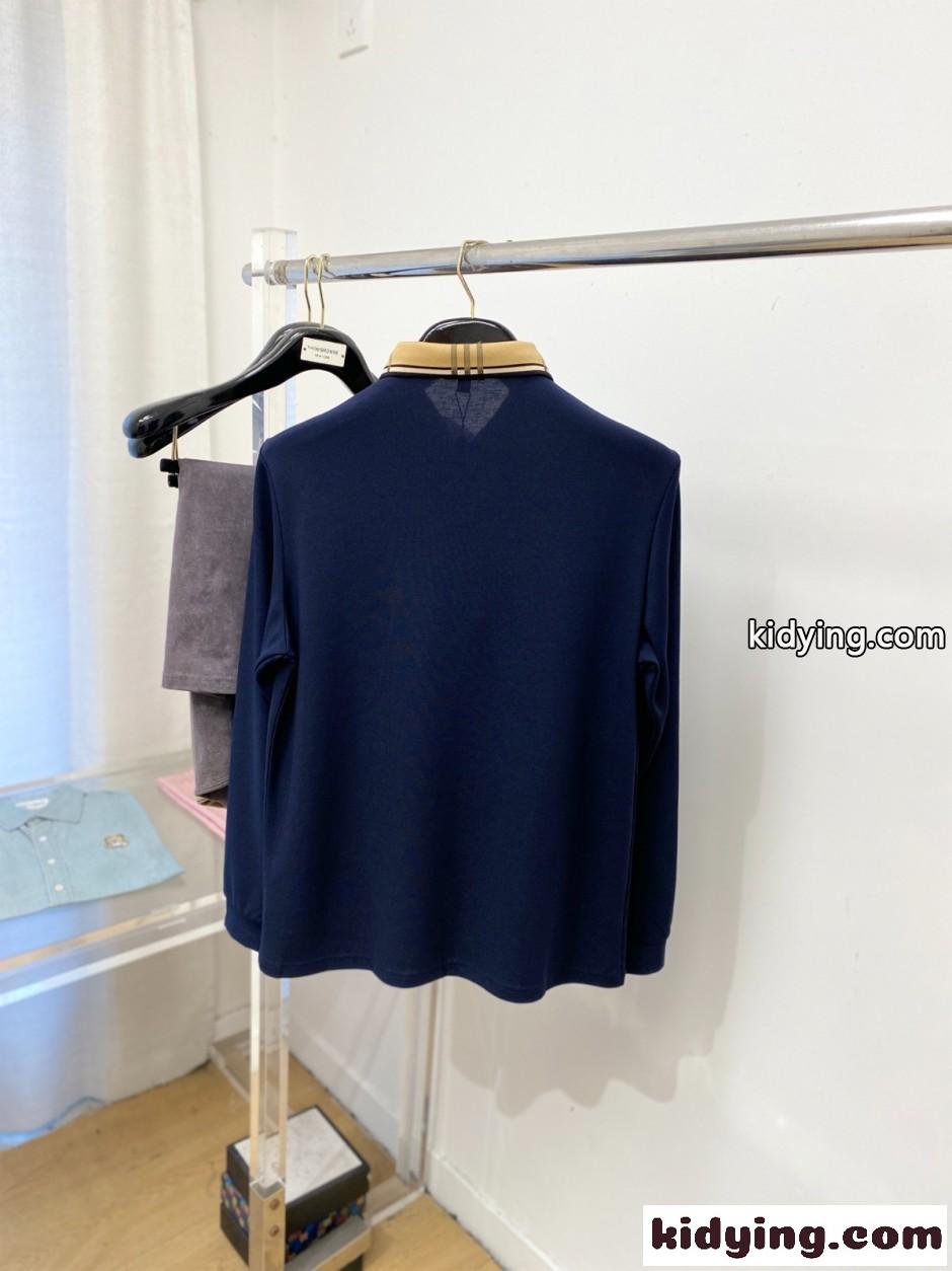 バーバリー Tシャツ 偽物 定番 チェックカラー 長袖ポロシャツ ネイビー-3