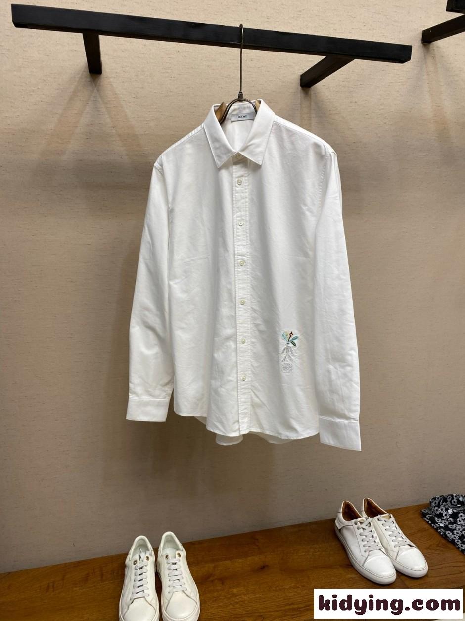 シンプル 洗練された ロゴ刺繍 長袖シャツ ロエベ シャツ コピー ホワイト-0