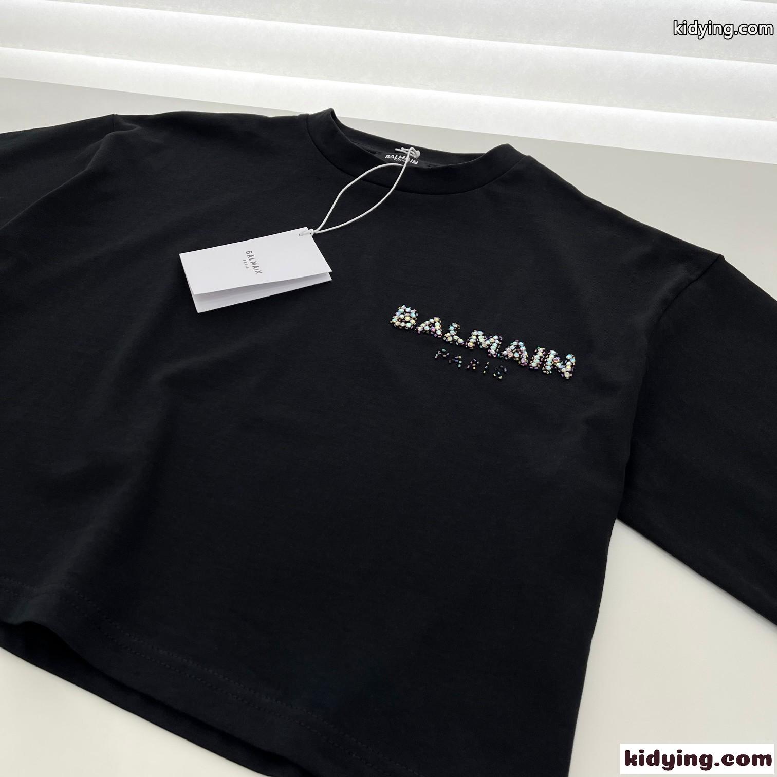 ロゴ刺繍 クロップドTシャツ バルマン Tシャツ コピー コットン 半袖 トップス-3