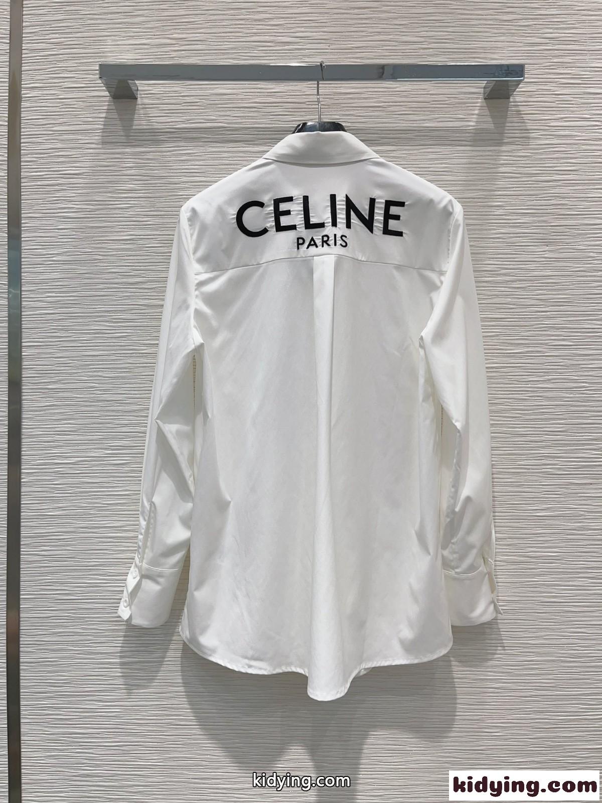 シンプル トリオンフ 刺繍 ロゴ ロングスリーブシャツ セリーヌ シャツ コピー ホワイト-4