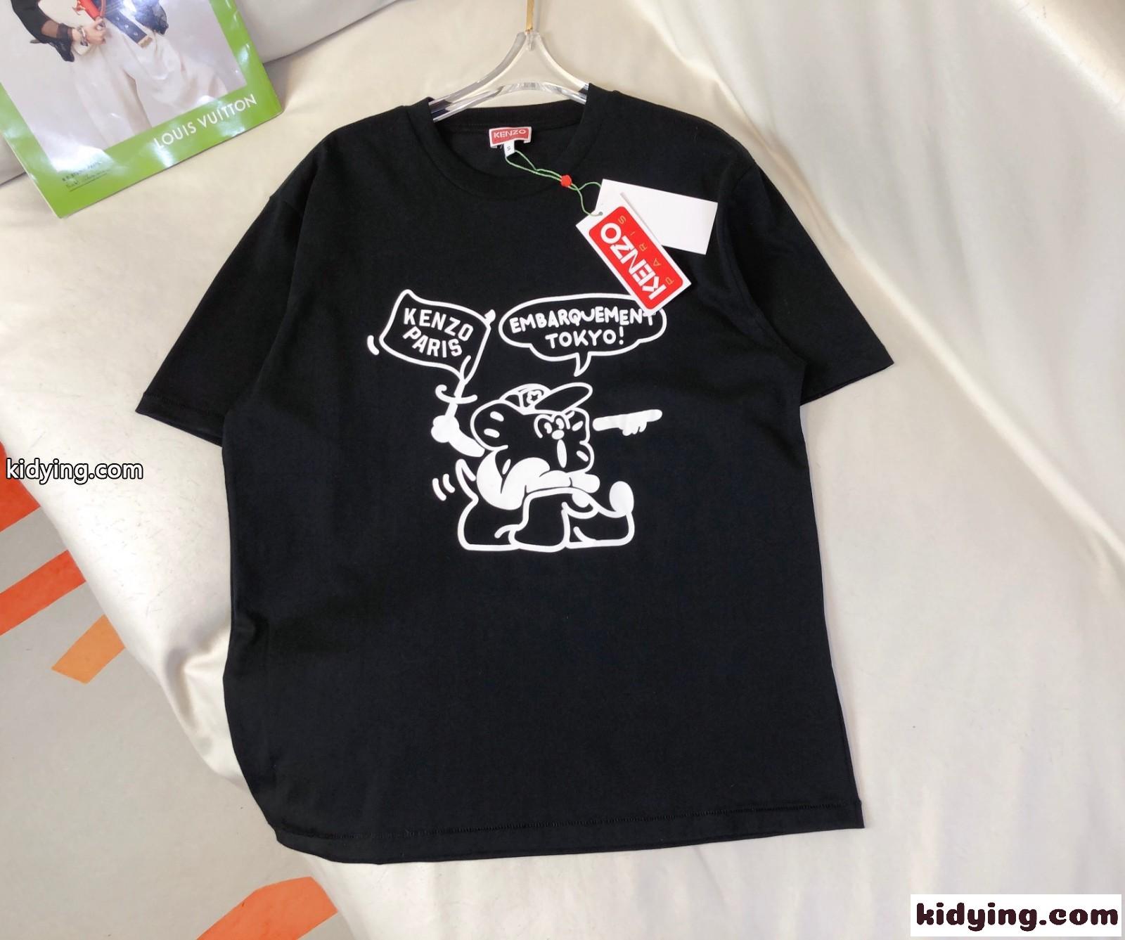 可愛い おしゃれ プリント クルーネック コットン 半袖Tシャツ ケンゾー Tシャツ コピー ブラック-2