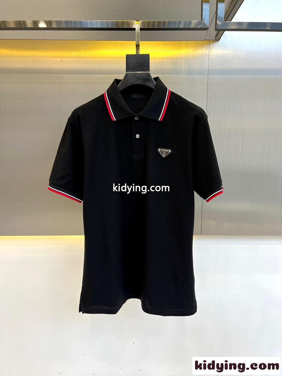 プラダ 半袖Tシャツ コピー トライアングルロゴ付 コットンピケ ポロシャツ ブラック-0