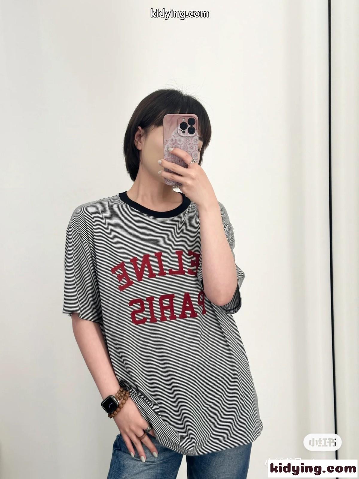 ストライプ ロゴ クルーネック セリーヌ 半袖Tシャツ コピー コットンTシャツ-5