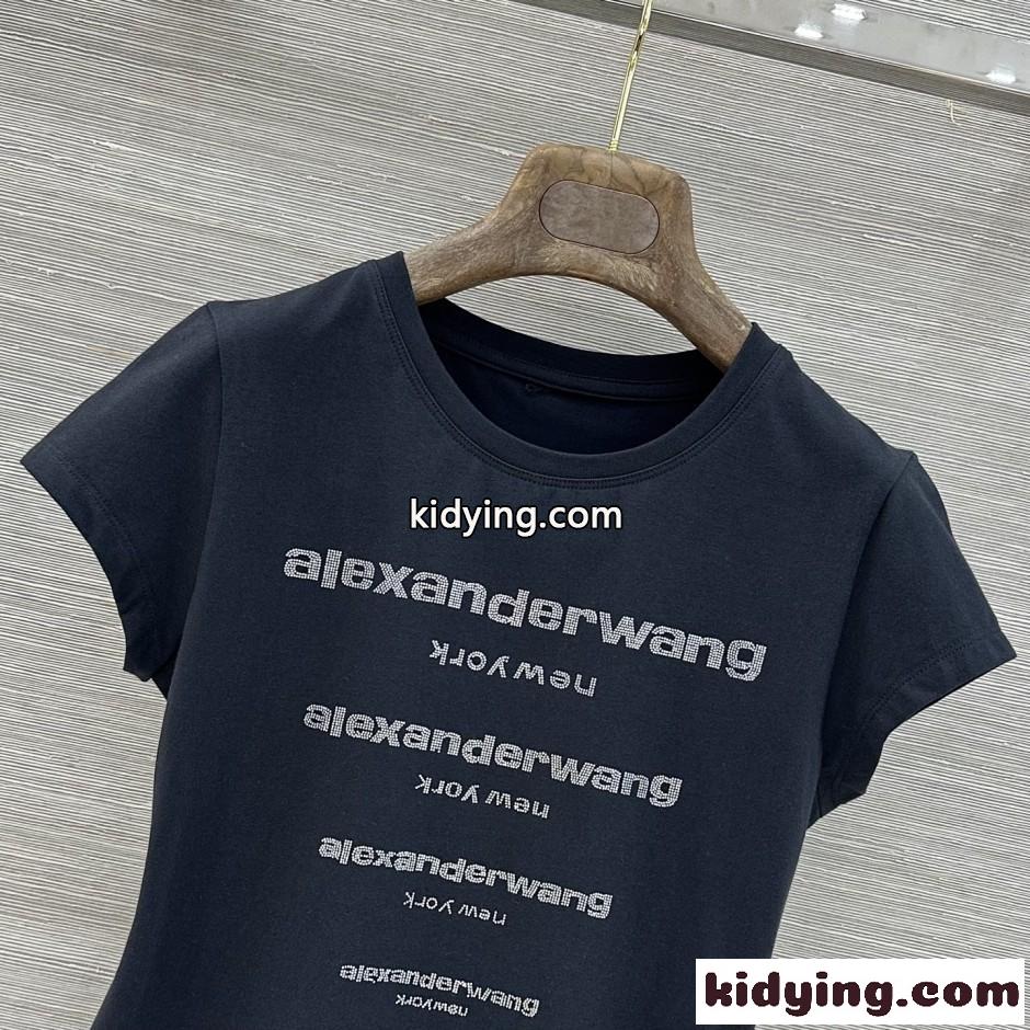 アレキサンダーワング Tシャツ コピー ラインストーンロゴ 半袖Tシャツ ブラック-1
