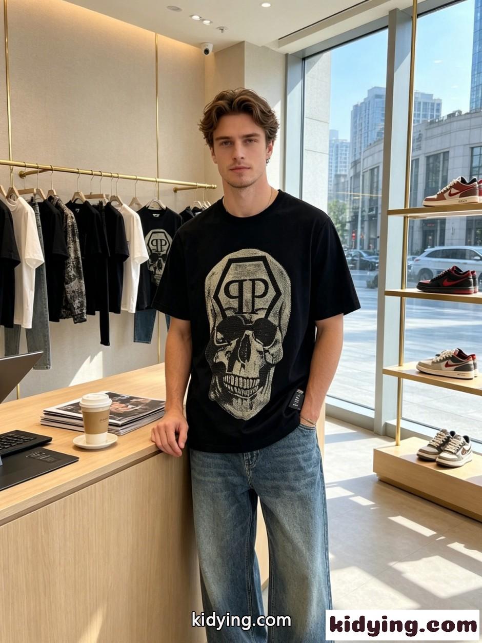 スカル ロゴ クルーネック 半袖Tシャツ フィリッププレイン Tシャツ 偽物-0