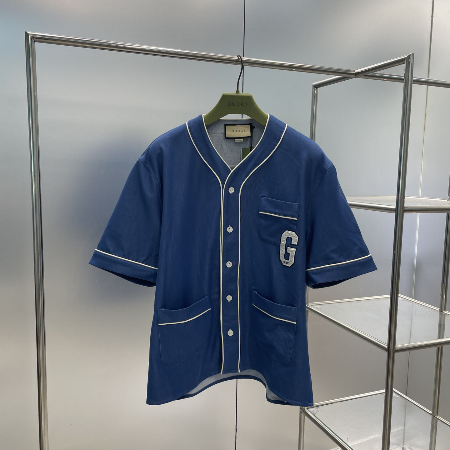 カジュアル 上品 Vネック G パッチ デニム シャツ グッチ シャツ コピー ユニセックス-0