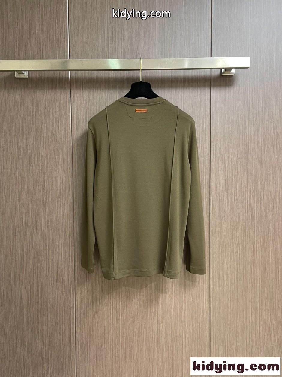 シンプル 洗練された エルメネジルド・ゼニア Tシャツ 偽物 コットン 長袖Tシャツ グリーン-1