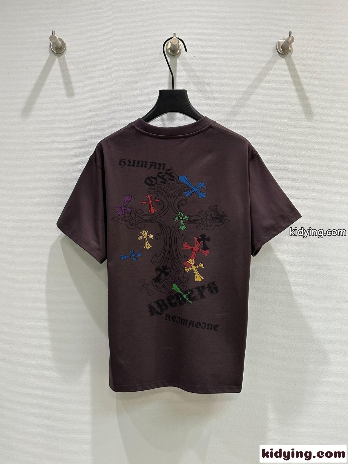 ユニセックス プリント 半袖Tシャツ クロムハーツ Tシャツ コピー コットン ダークブラウン-1
