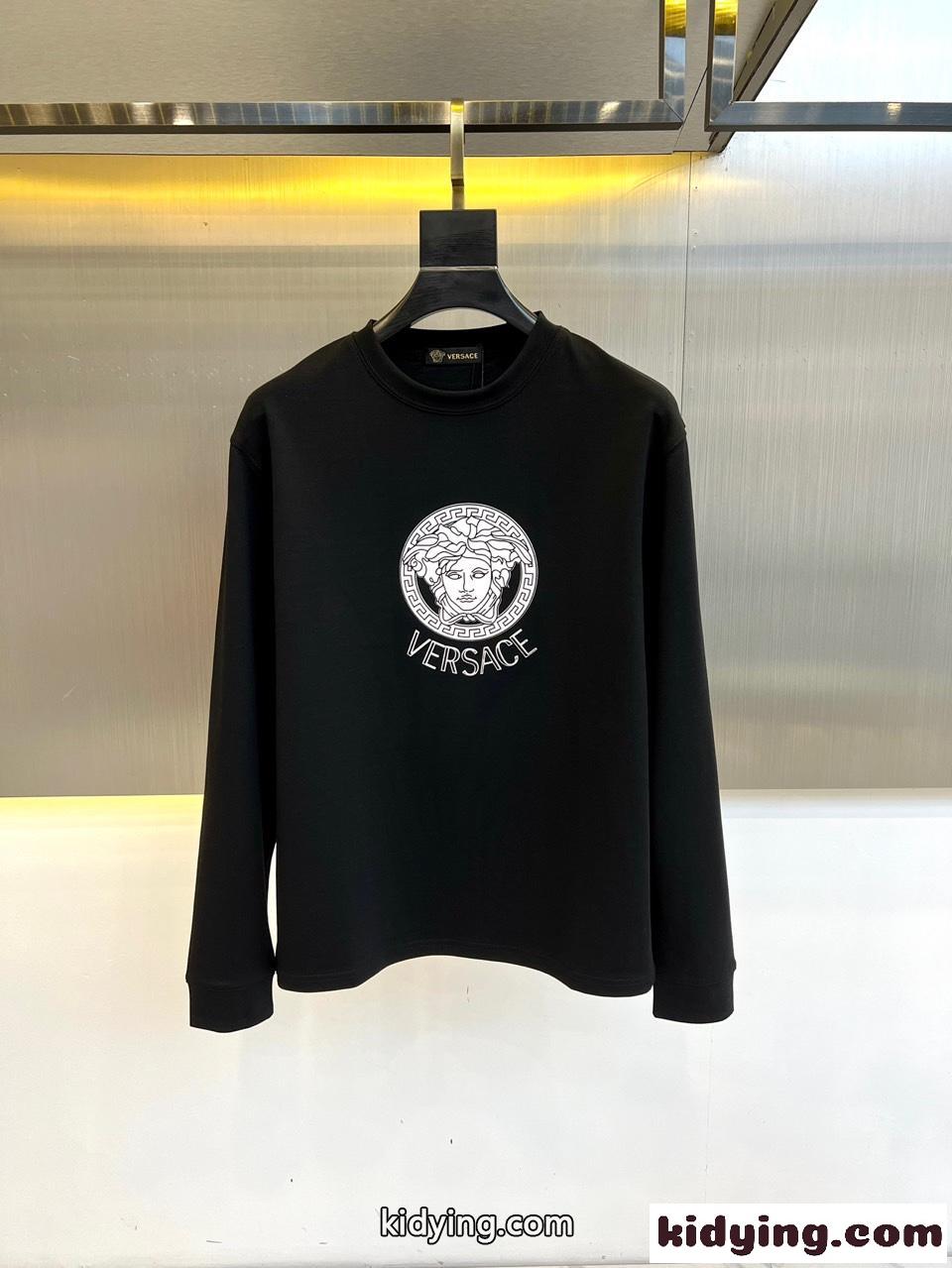 シンプル ロゴ入り クルーネック スウェットシャツ ヴェルサーチェ Tシャツ コピー ブラック-0