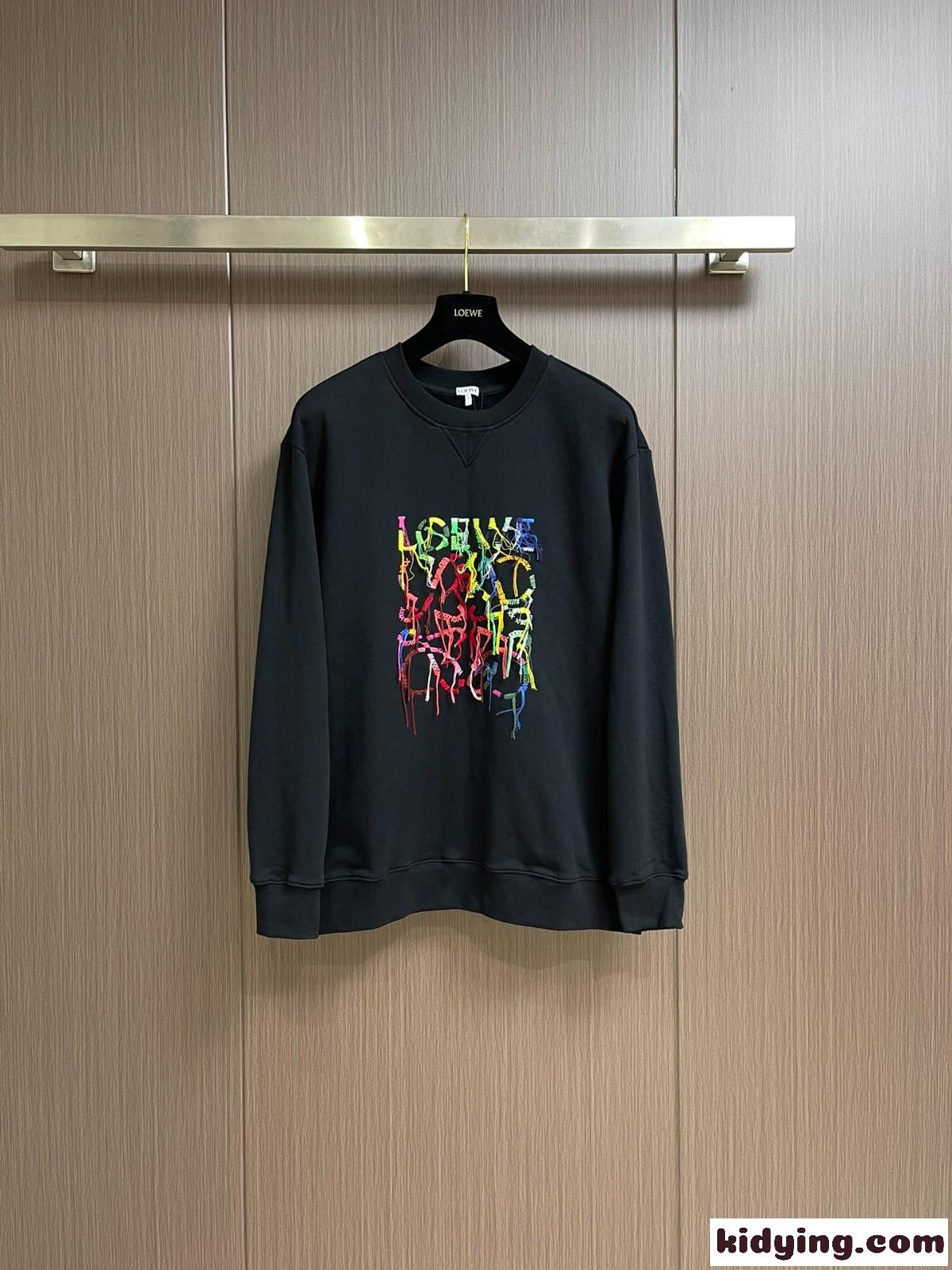 ロゴ刺繍 クルーネック スウェットシャツ ロエベ Tシャツ コピー 長袖Tシャツ ブラック-1