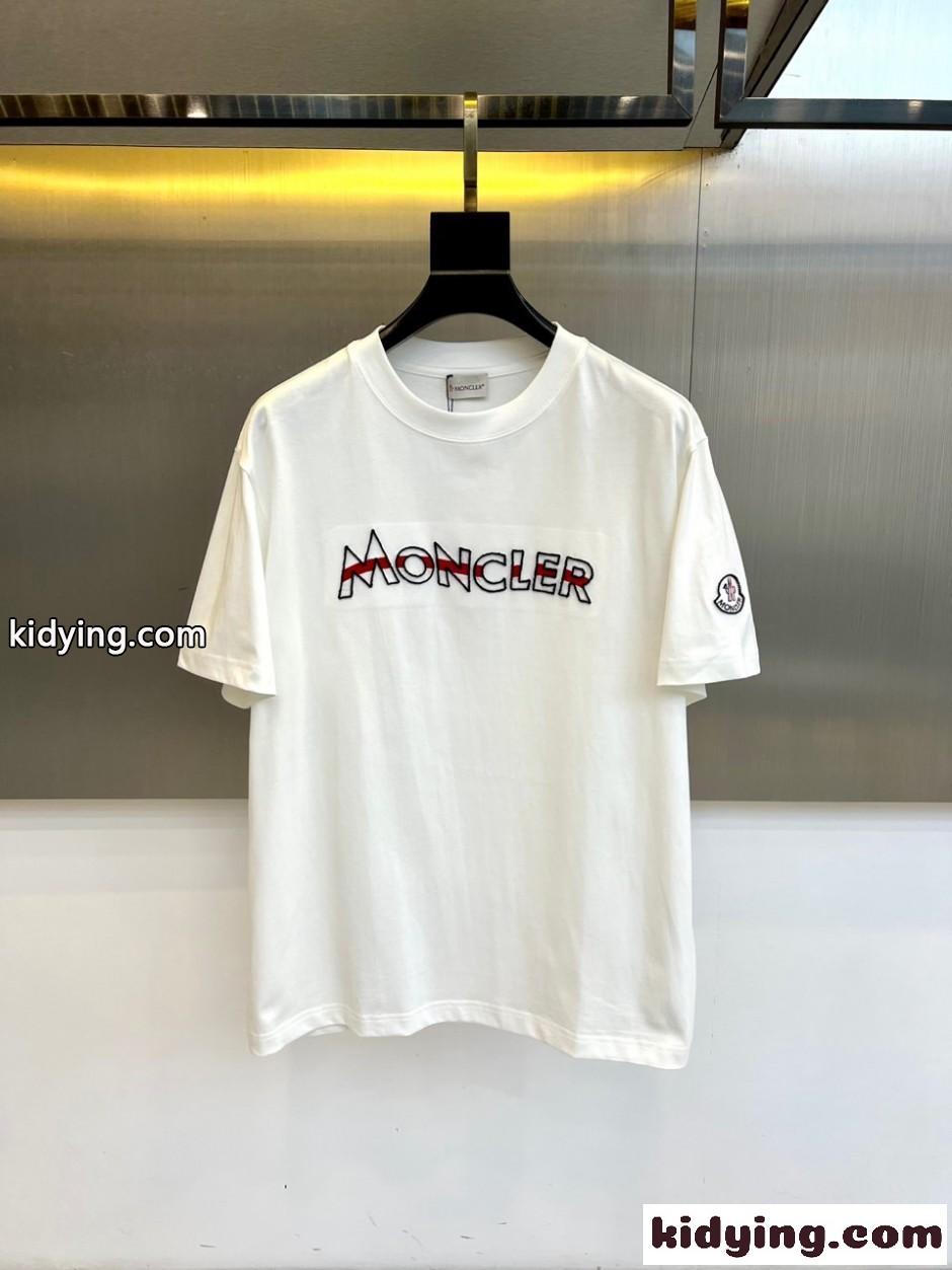 シンプル ロゴ刺繍 クルーネック 半袖Tシャツ モンクレール Tシャツ 偽物 ホワイト-0