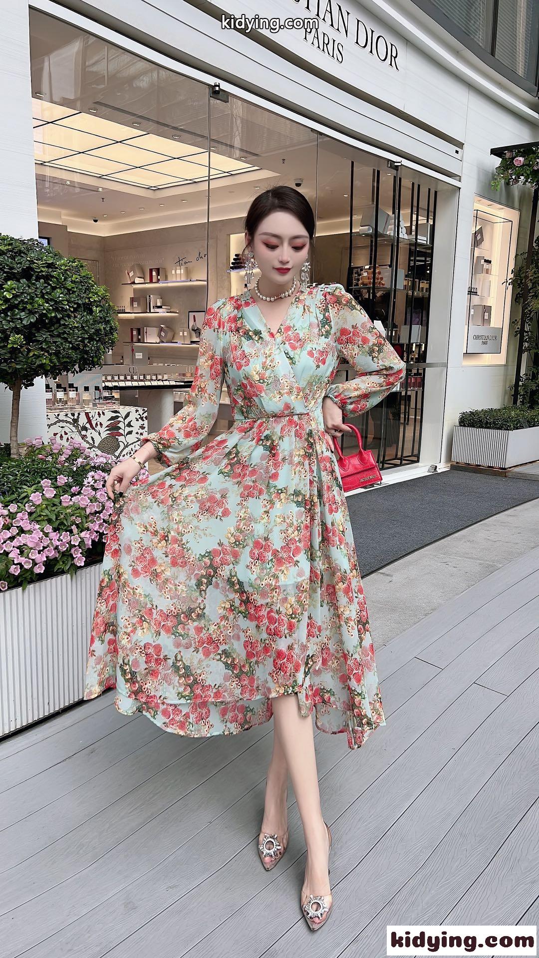 レディース おしゃれ Vネック シフォン ヴァレンティノ ワンピース コピー ハイウエスト 花柄ワンピース ロングワンピース-4