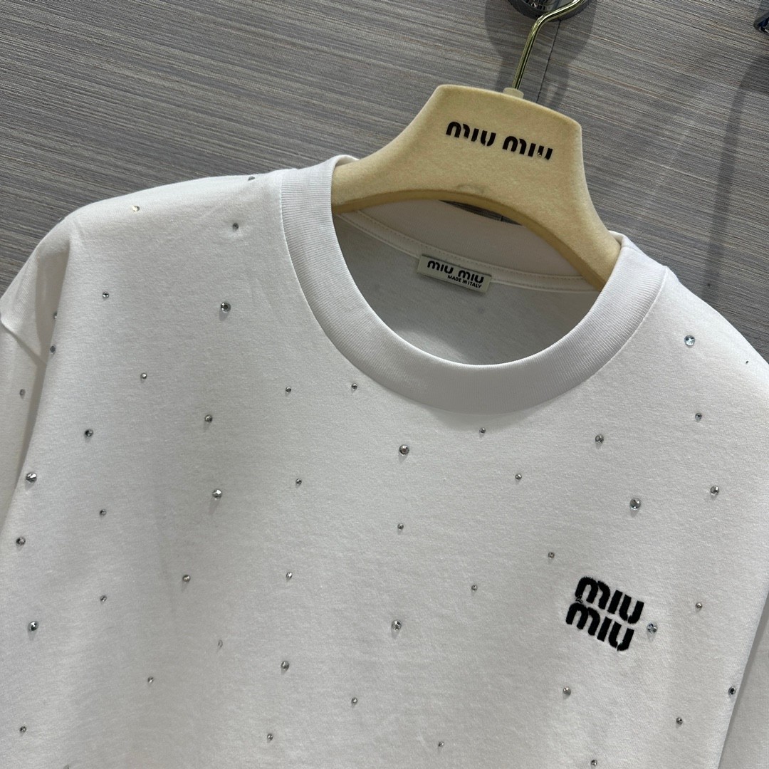 カジュアル クルーネック クリスタル付 ミュウミュウ Tシャツ コピー ロングスリーブ ホワイト-0