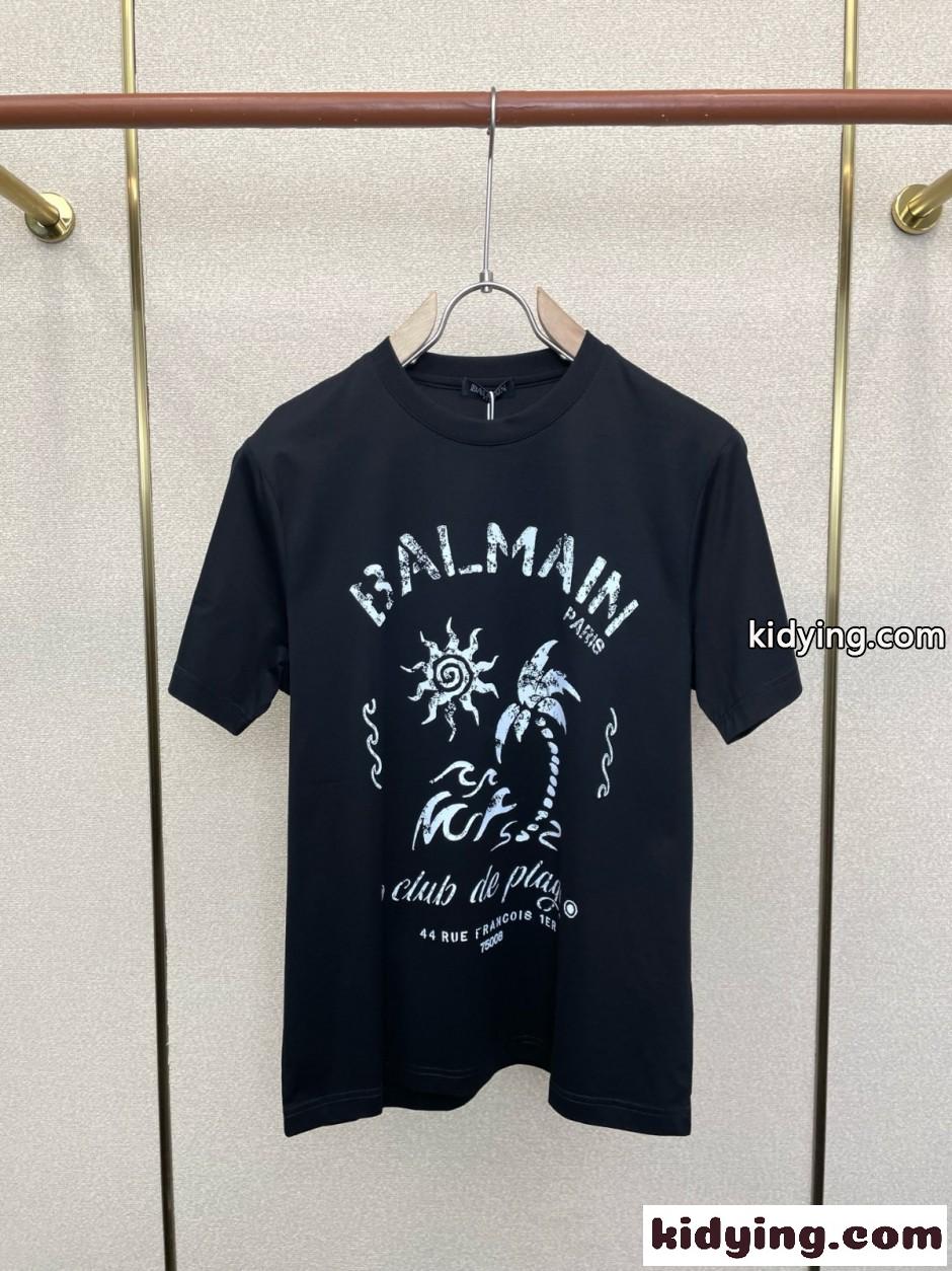 カジュアル おしゃれ ロゴプリント 半袖Tシャツ バルマン Tシャツ 偽物 クルーネック-3