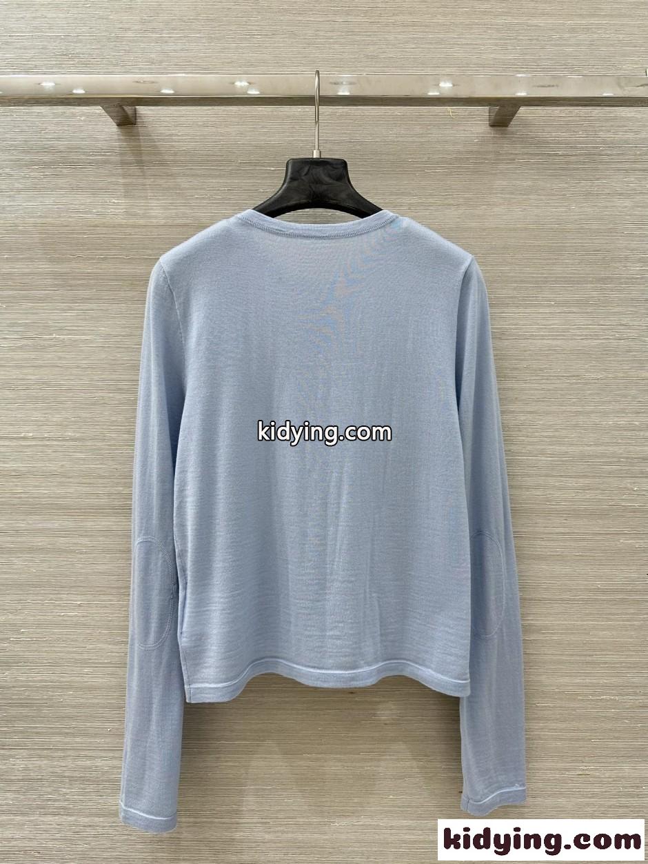ロゴ入り ヘンリーネック カシミヤ トップス ミュウミュウ Tシャツ コピー ライトブルー-4