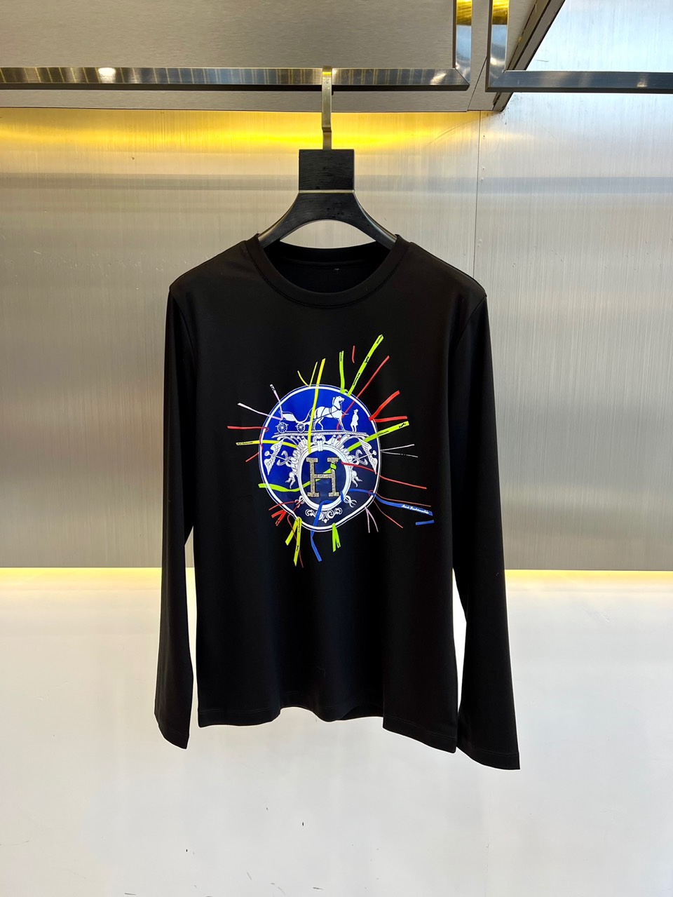 秋冬 裏起毛 プリント コットン 長袖Tシャツ エルメス Tシャツ コピー ブラック-0