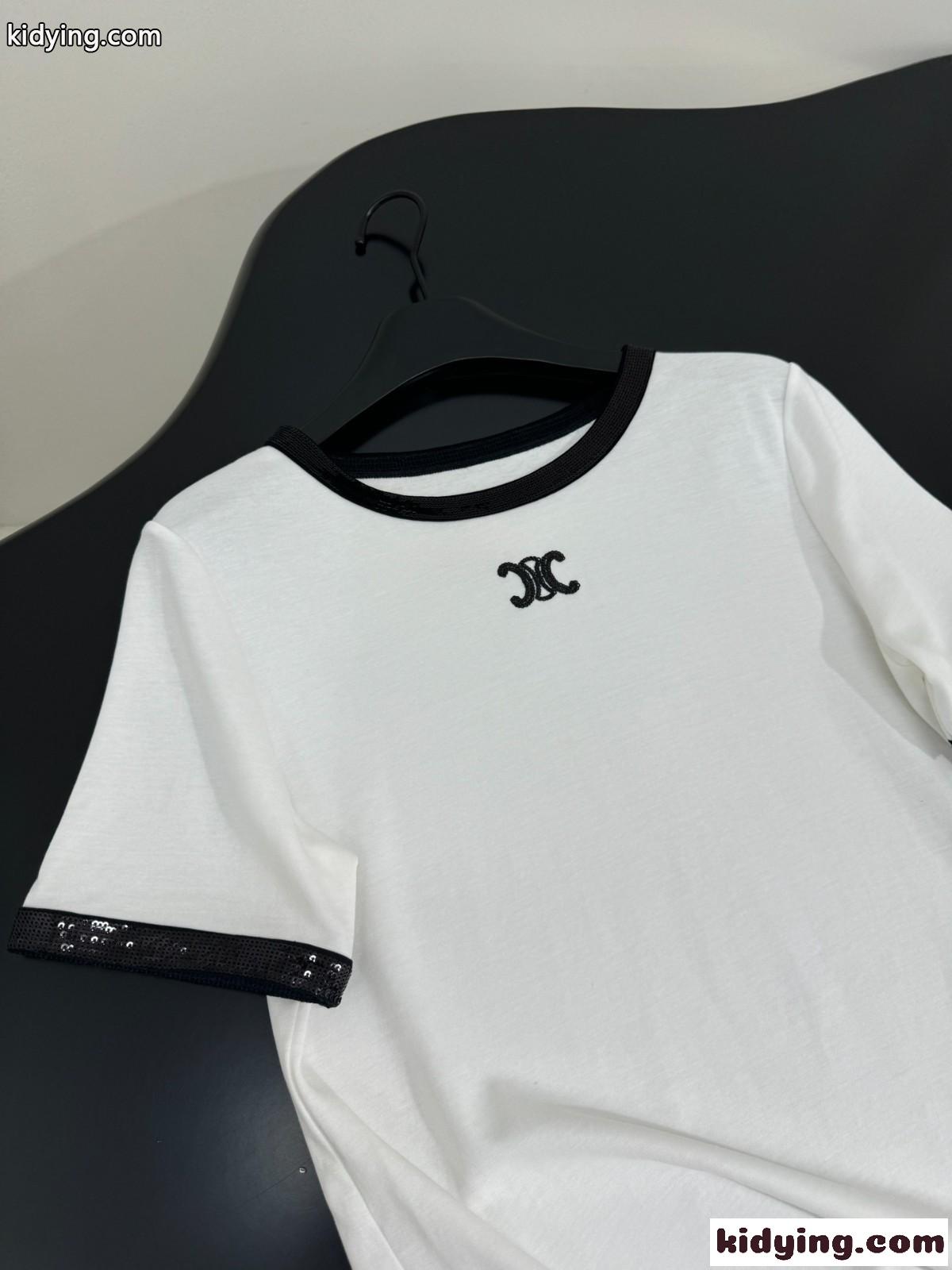 スパンコール付き コットン セリーヌ Tシャツ コピー 半袖Tシャツ-2