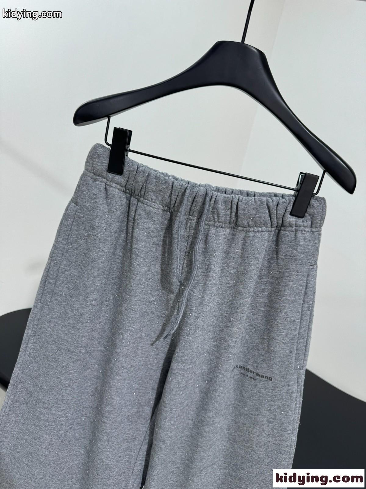 アレキサンダーワング パンツ 偽物 ラインストーン飾り ロゴ スウェットパンツ ユニセックス グレー-2