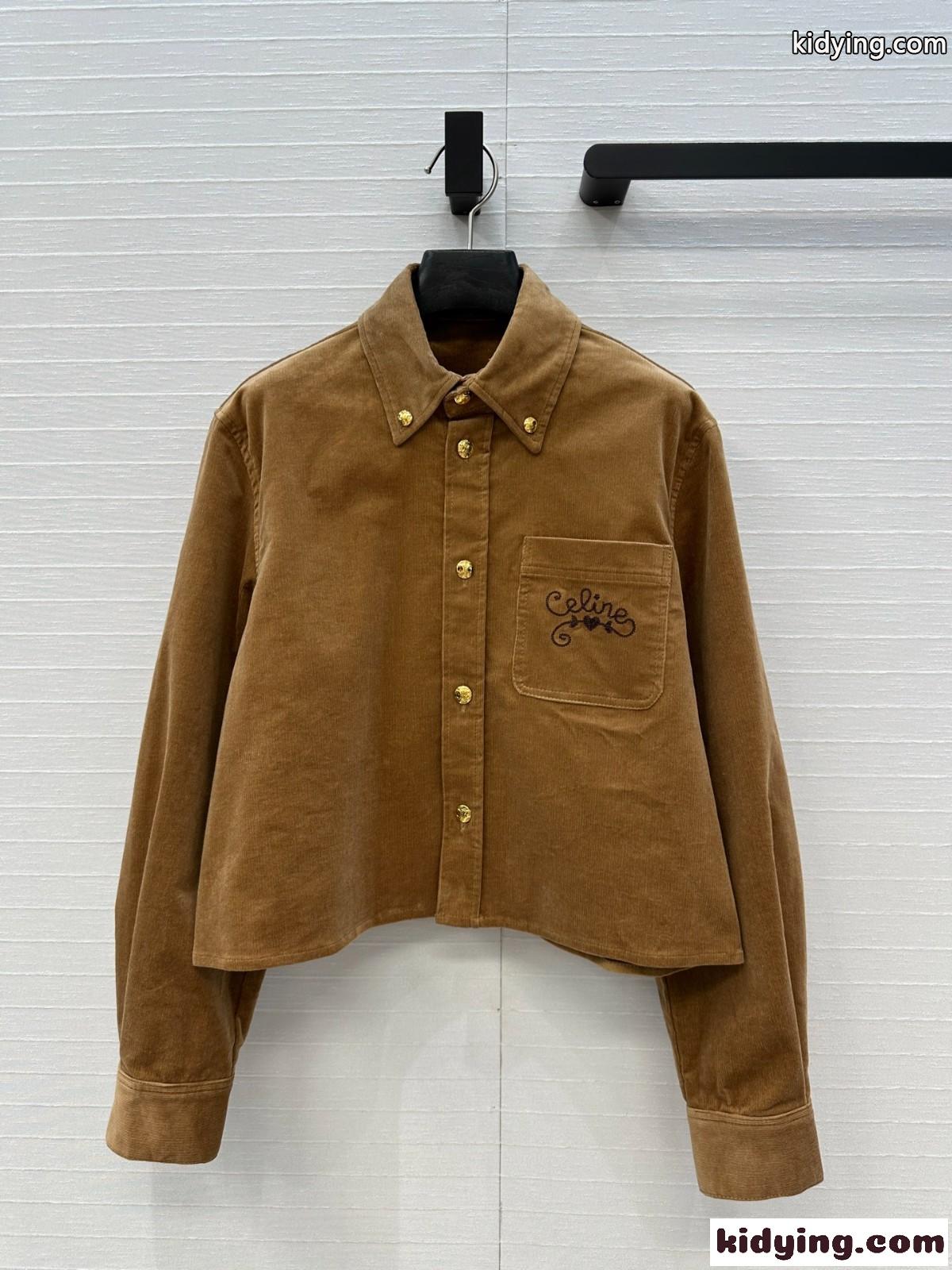 カジュアル コーデュロイ クロップド丈シャツ セリーヌ シャツ 偽物 ブラウン-0