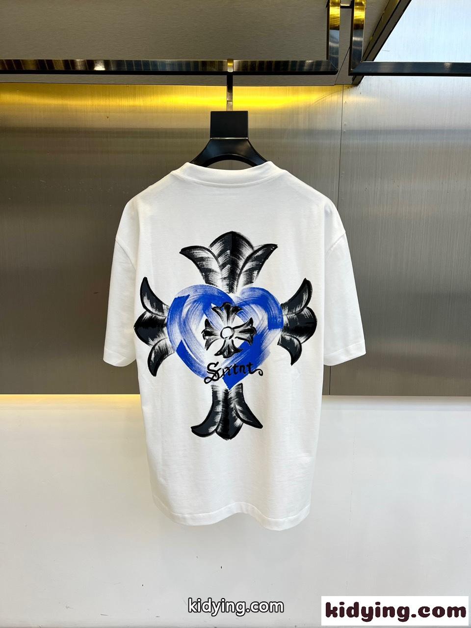 ストリート カジュアル コットン 半袖Tシャツ クロムハーツ Tシャツ コピー ホワイト-3