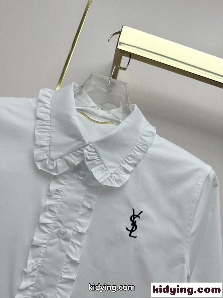 YSL ロゴ刺繍 フリル付き 長袖シャツ イヴ・サンローラン シャツ 偽物 ホワイト-2