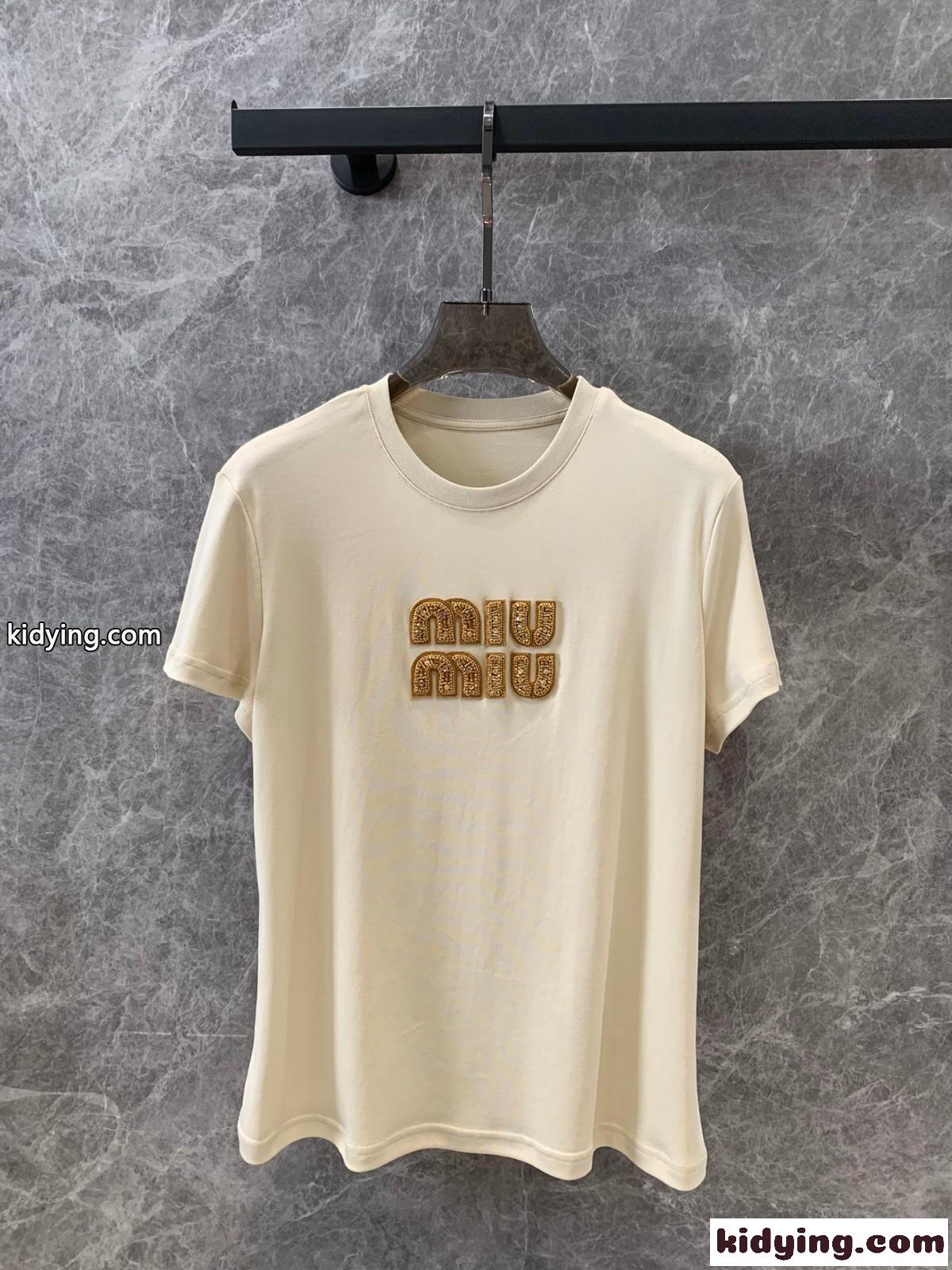 シンプル ロゴ クルーネック ミュウミュウ Tシャツ コピー 半袖Tシャツ-0
