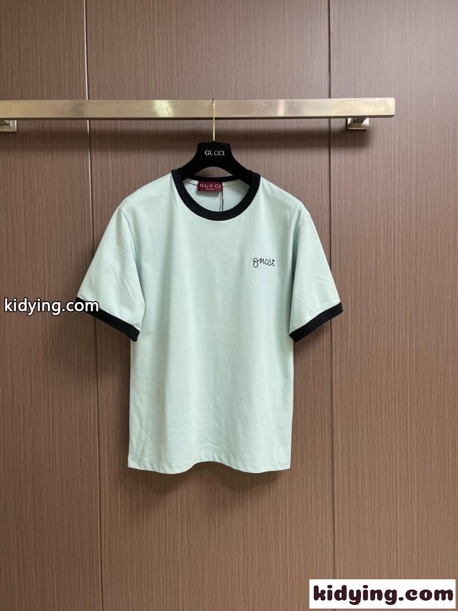 配色 スクリプトロゴ リンガーTシャツ グッチ Tシャツ 偽物 コットン ライトグリーン-1
