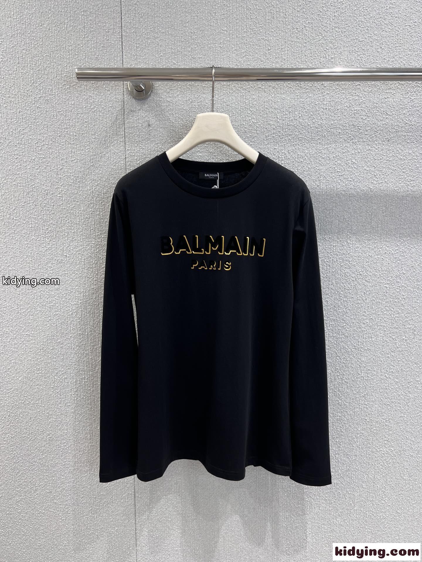 シンプル ロゴプリント 長袖Tシャツ バルマン Tシャツ コピー コットン ブラック-1