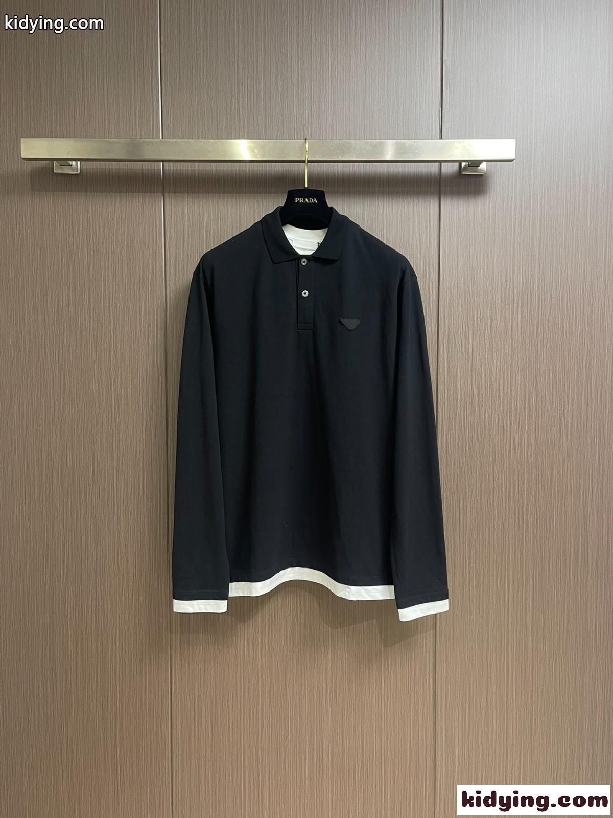 レイヤリング コットン ポロシャツ プラダ Tシャツ コピー ロングスリーブ ブラック-0