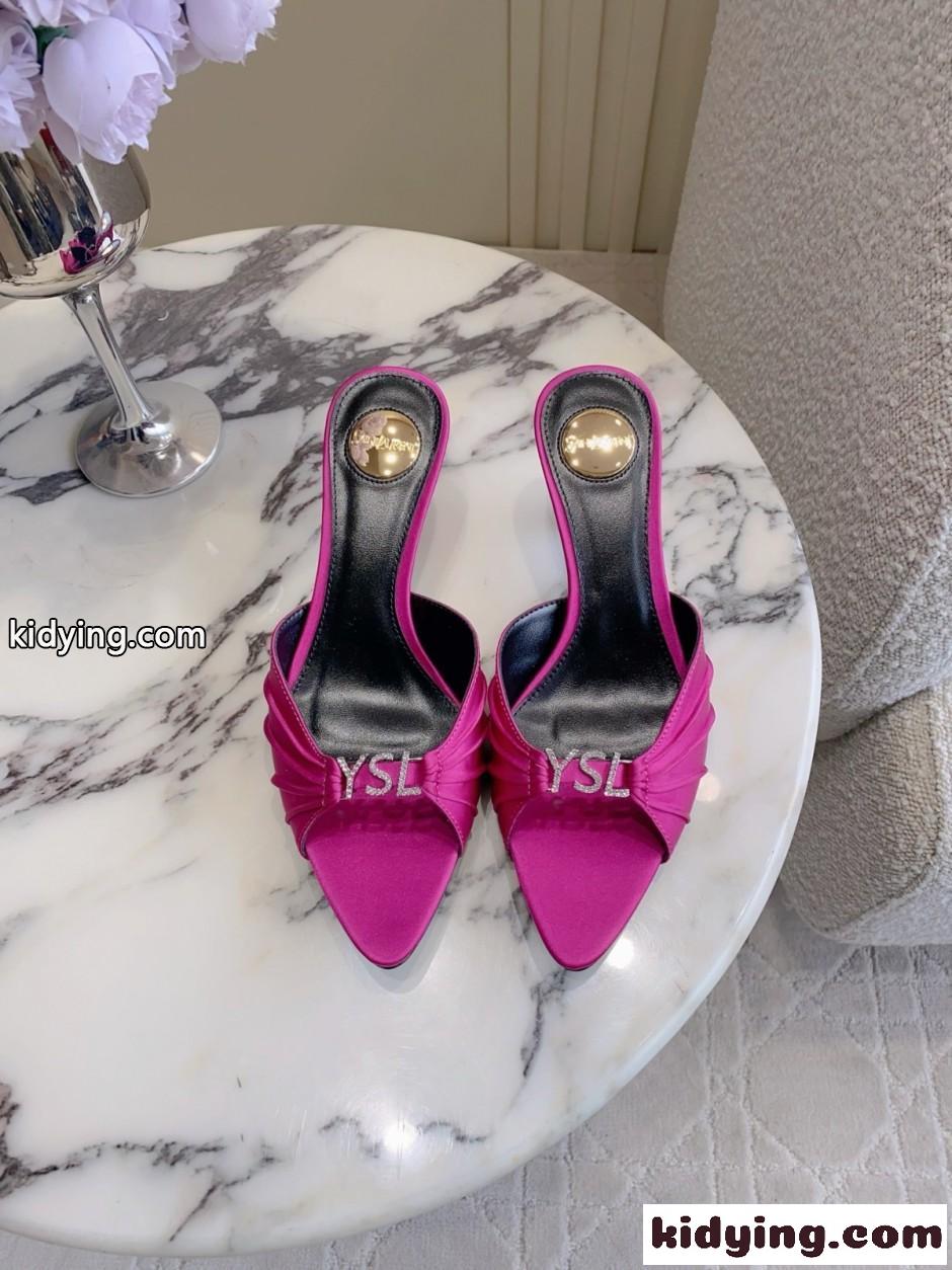 上品 洗練された イヴ・サンローラン サンダル コピー サテン YSL ジェリー ミュール ピンク-1