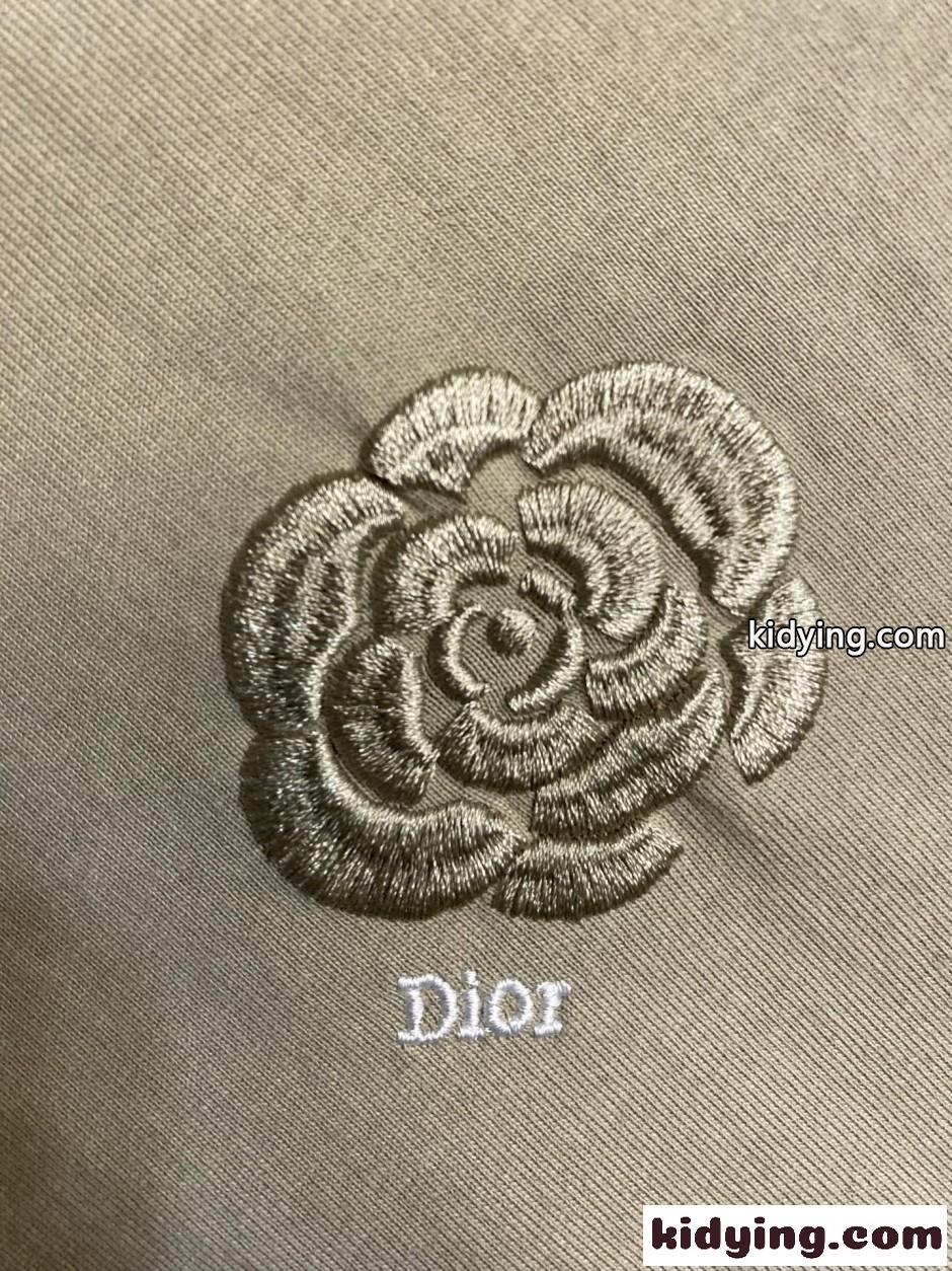 シンプル フラワー刺繡 半袖Tシャツ クリスチャン・ディオール Tシャツ 偽物 カーキ-3