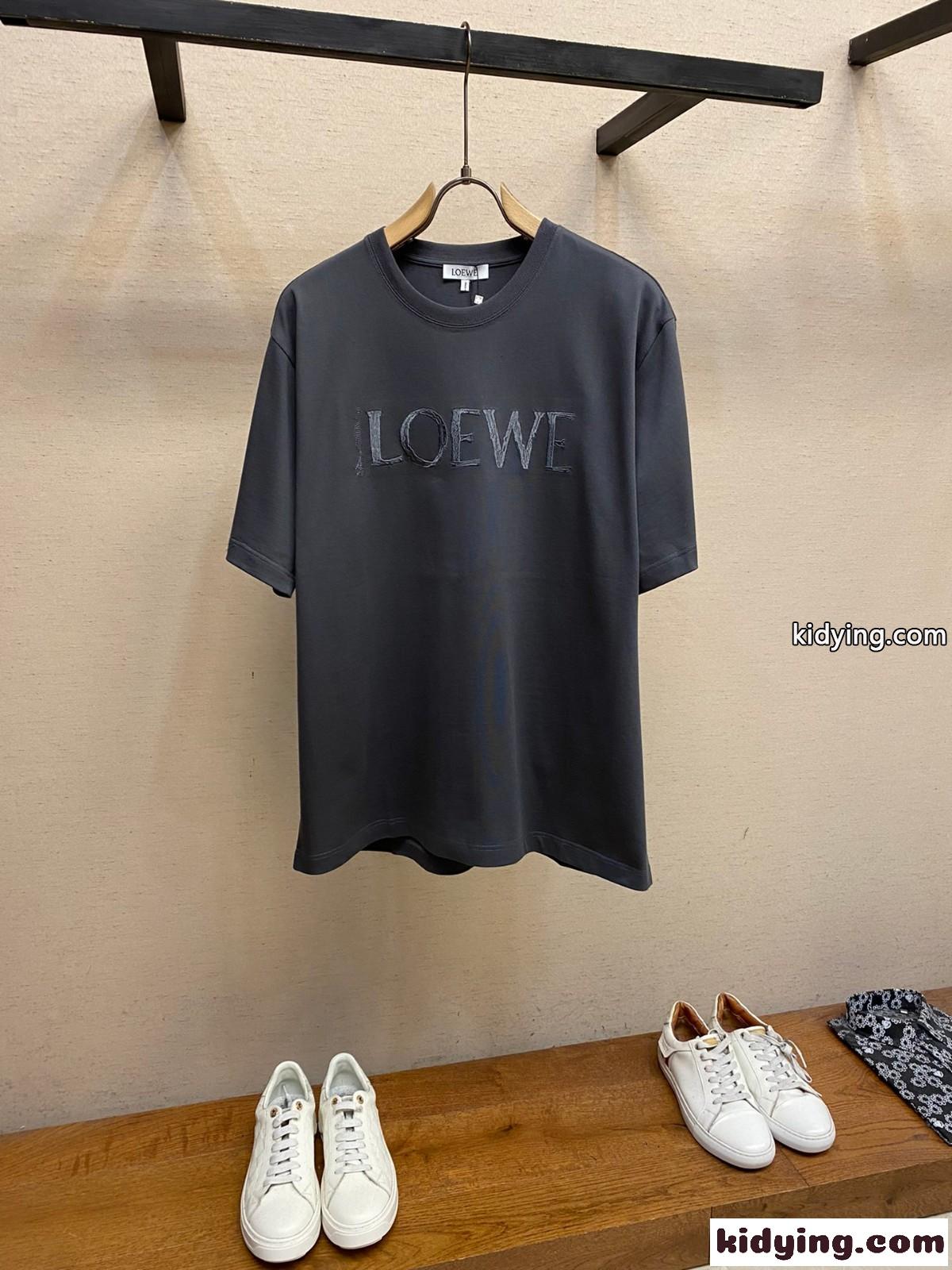 ロエベ Tシャツ コピー 人気 カジュアル ロゴ入り 半袖Tシャツ ダークグレー-1