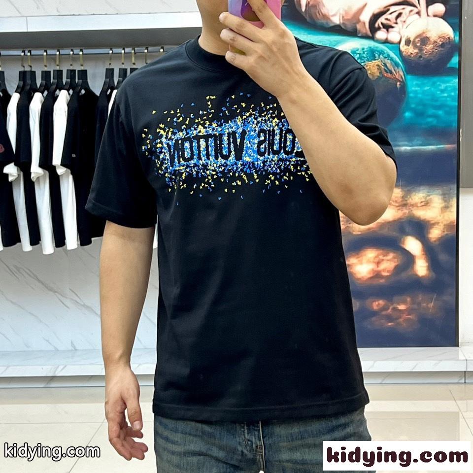 お洒落 ロゴプリント クルーネック ルイ・ヴィトン Tシャツ 偽物 半袖Tシャツ ブラック-1